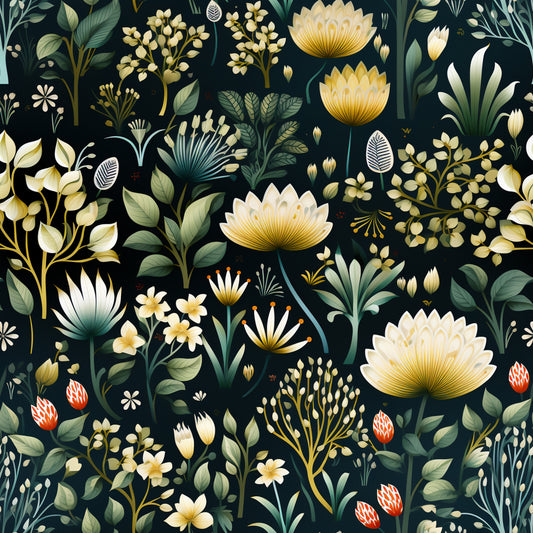 dark green background, cream flowers, golden yellow blooms, white petals, red berries, botanical illustration, floral pattern, leaves and foliage, nature motif, quilting cotton, fabric panel, garden flowers, vintage botanical, earthy tones, repeating pattern, decorative florals, natural elements, organic shapes, artistic rendering