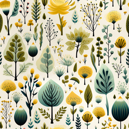 botanical garden, quilting cotton, fabric panel, yellow flowers, teal leaves, sage green, mustard yellow, floral pattern, nature motifs, stylized plants, modern botanical, seamless design, crafting fabric, sewing material, folk art style, whimsical flora, decorative branches, artistic flowers, contemporary design, organic shapes