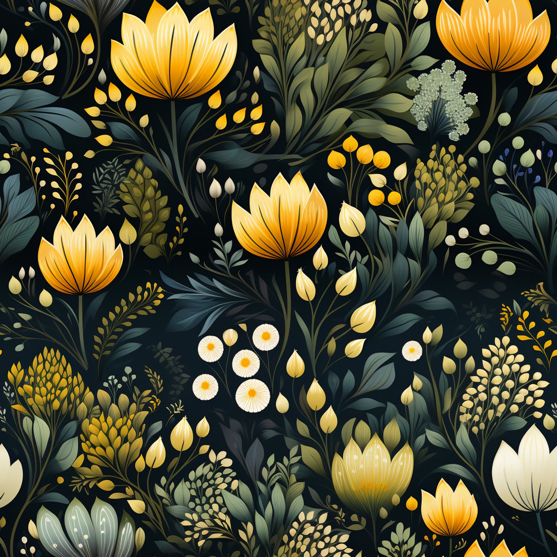 botanical garden, quilting cotton, fabric panel, floral pattern, golden yellow, deep navy, sage green, cream white, lotus flowers, wildflowers, foliage, leaves, nature motif, seamless repeat, artistic illustration, elegant design, garden theme, cotton fabric, crafting material, botanical print