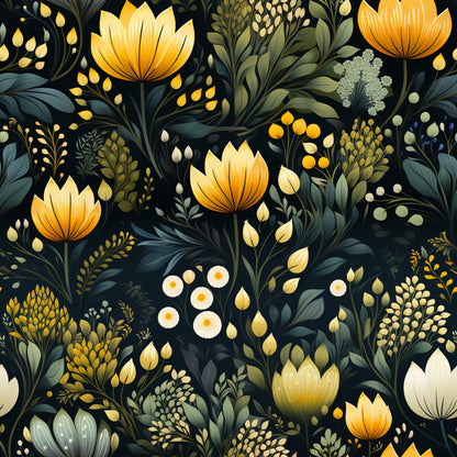 botanical garden, quilting cotton, fabric panel, floral pattern, golden yellow, deep navy, sage green, cream white, lotus flowers, wildflowers, foliage, leaves, nature motif, seamless repeat, artistic illustration, elegant design, garden theme, cotton fabric, crafting material, botanical print