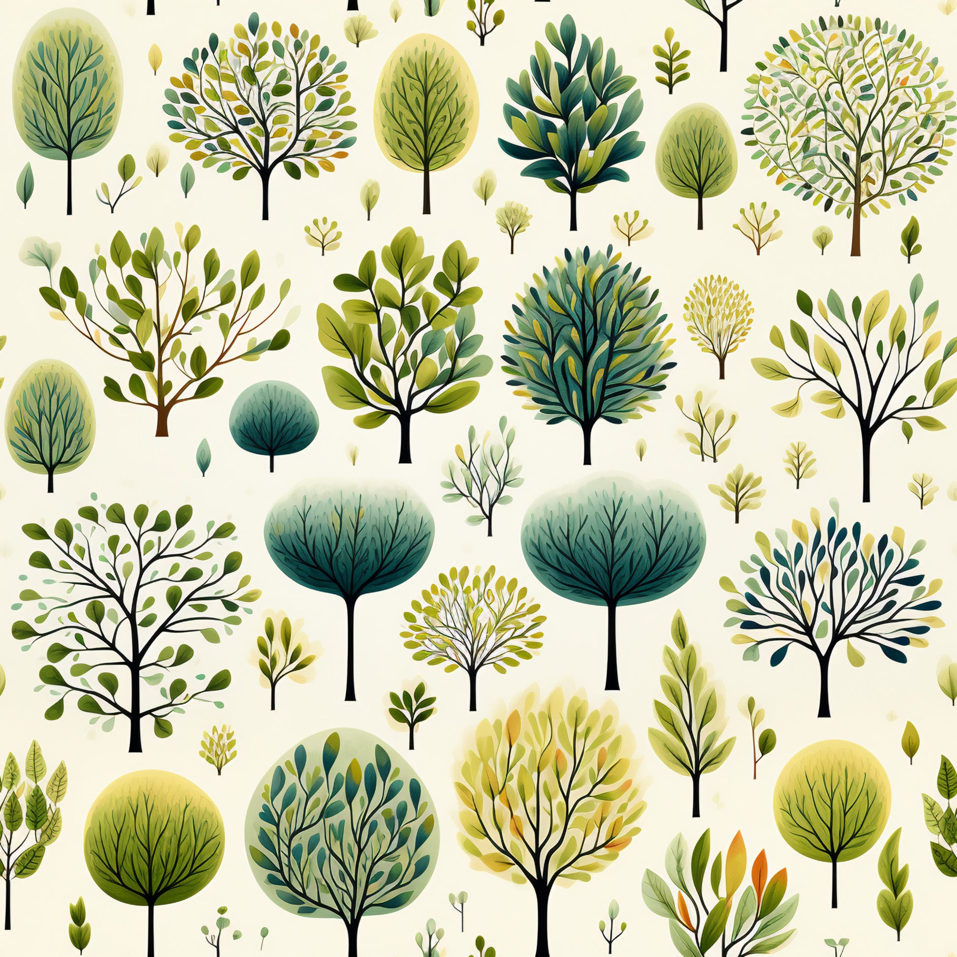 forest green, sage green, yellow-green, teal, cream background, botanical illustration, tree pattern, leaf motifs, nature design, quilting cotton, fabric panel, whimsical trees, organic shapes, watercolor style, spring theme, garden motifs, repeating pattern, soft pastels, folk art style, decorative foliage