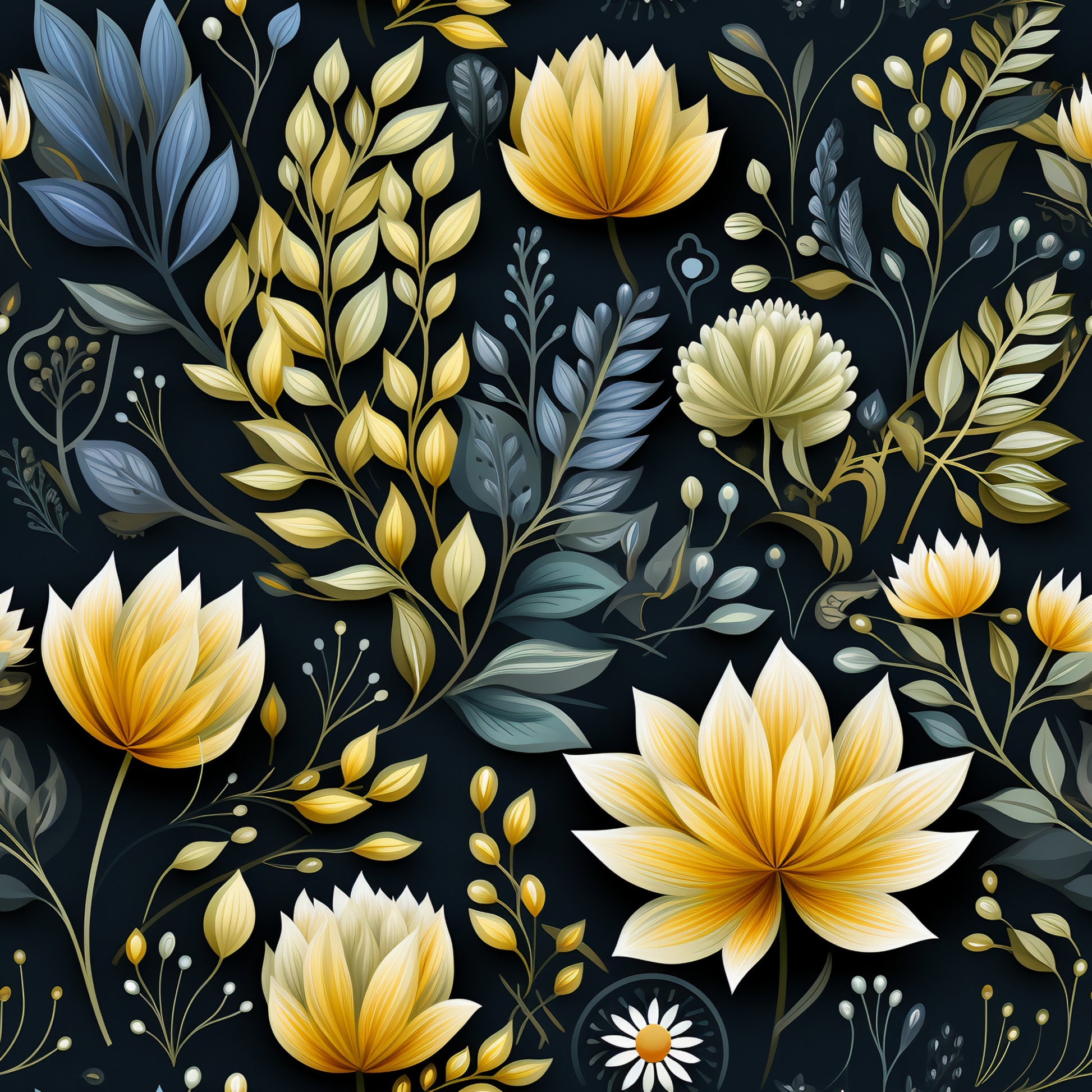 botanical floral pattern, golden yellow flowers, navy blue background, teal leaves, cream petals, decorative foliage, lotus blossoms, quilting cotton, fabric panel, nature motifs, elegant florals, dark backdrop, ornamental design, garden theme, stylized blooms, leafy branches, sophisticated palette, textile art, crafting material, botanical illustration