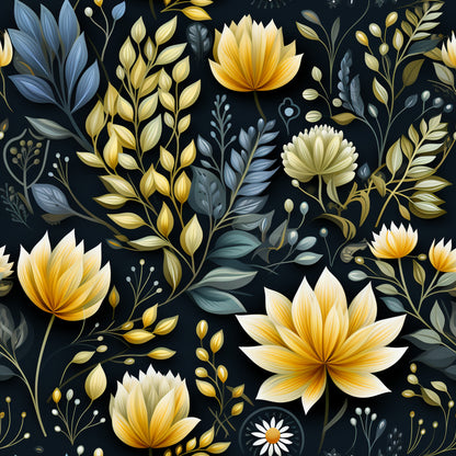 botanical floral pattern, golden yellow flowers, navy blue background, teal leaves, cream petals, decorative foliage, lotus blossoms, quilting cotton, fabric panel, nature motifs, elegant florals, dark backdrop, ornamental design, garden theme, stylized blooms, leafy branches, sophisticated palette, textile art, crafting material, botanical illustration
