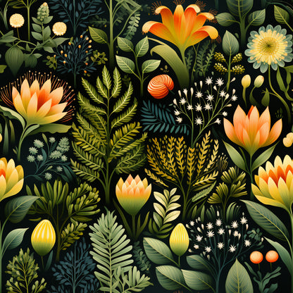 botanical garden, quilting cotton, fabric panel, floral pattern, orange flowers, yellow blooms, green foliage, dark background, nature motif, tropical plants, ferns, leaves, berries, stylized illustration, vibrant colors, garden theme, decorative florals, artistic botanical, lush greenery, contemporary design