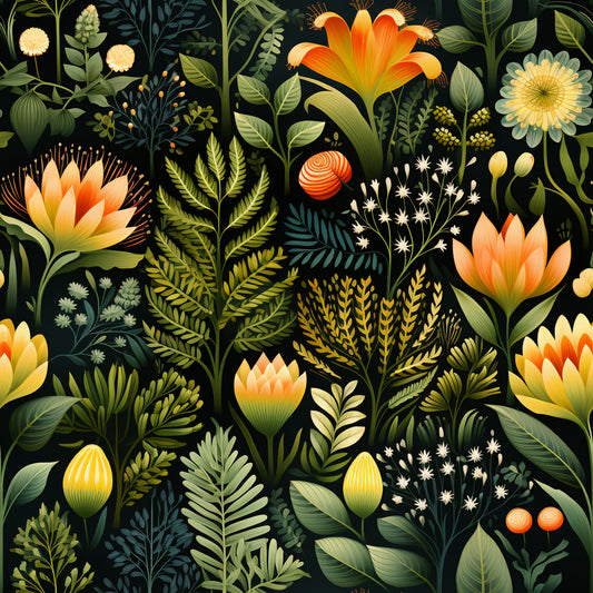 botanical garden, quilting cotton, fabric panel, floral pattern, orange flowers, yellow blooms, green foliage, dark background, nature motif, tropical plants, ferns, leaves, berries, stylized illustration, vibrant colors, garden theme, decorative florals, artistic botanical, lush greenery, contemporary design