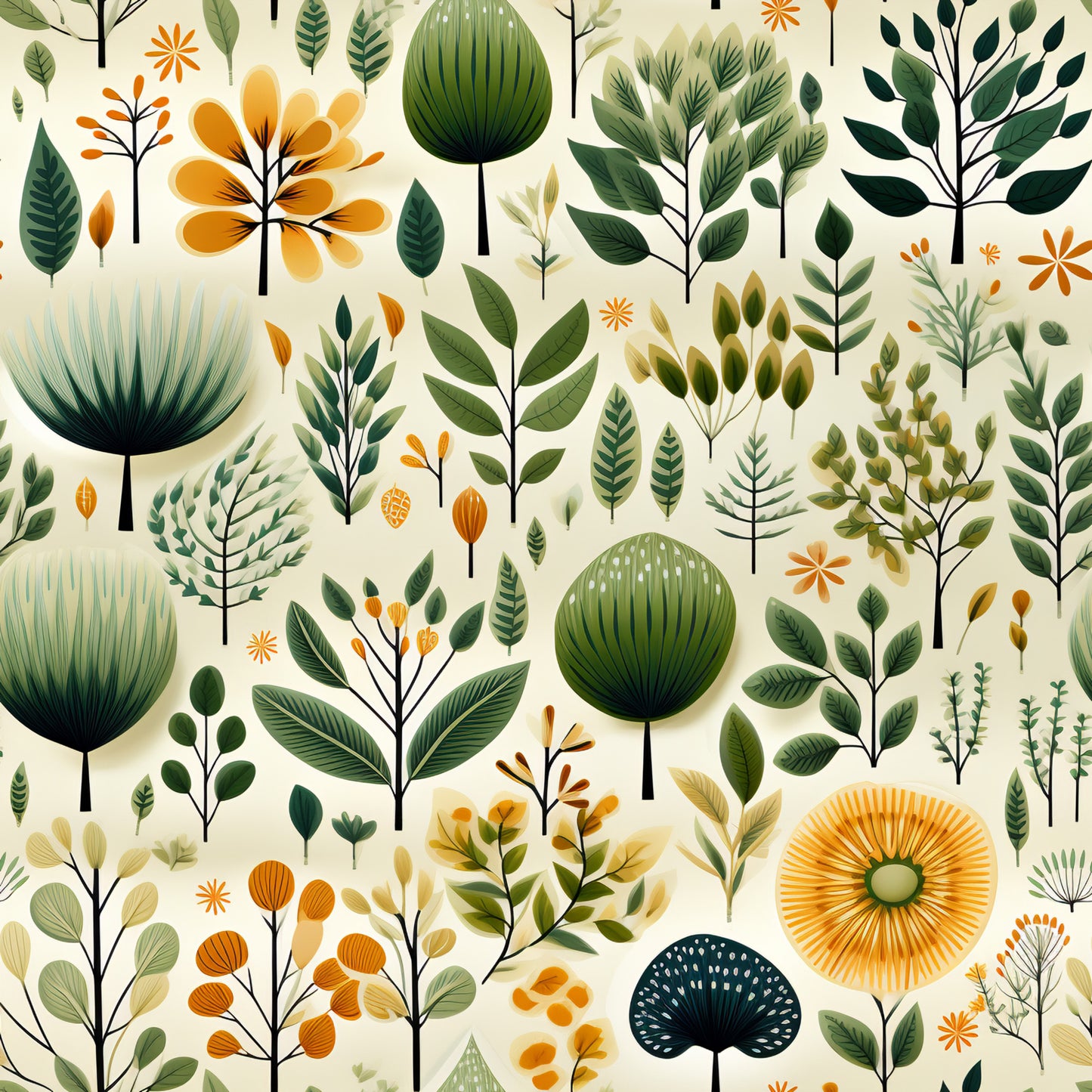 botanical pattern, quilting cotton, fabric panel, green foliage, orange flowers, cream background, nature motifs, leaves and stems, floral design, earthy tones, olive green, burnt orange, sage green, botanical illustration, garden theme, plant specimens, organic shapes, natural elements, contemporary style, crafting fabric