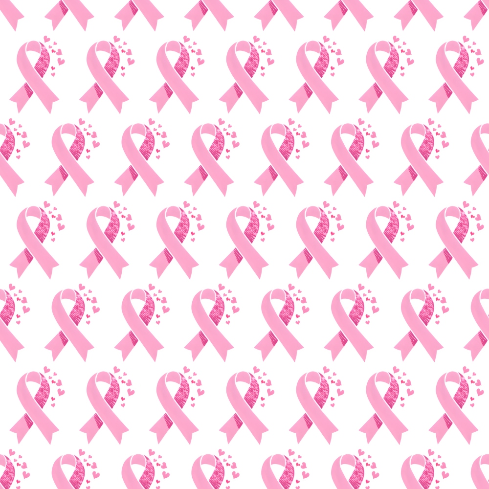 Pattern of pink ribbons, some with heart designs, representing breast cancer awareness on a white background.