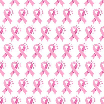 Pattern of pink ribbons, some with heart designs, representing breast cancer awareness on a white background.