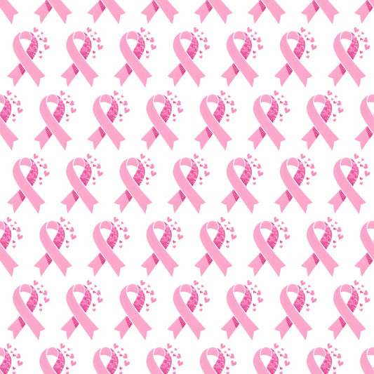 Pattern of pink ribbons, some with heart designs, representing breast cancer awareness on a white background.