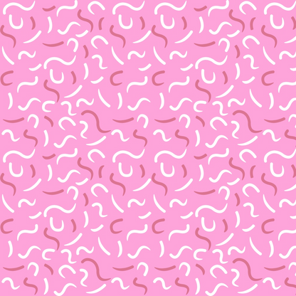 A pink background with an abstract pattern of white and darker pink curved lines and squiggles evenly distributed across the surface.