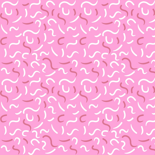 A pink background with an abstract pattern of white and darker pink curved lines and squiggles evenly distributed across the surface.