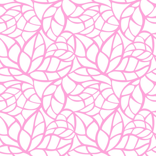 Pattern of intertwined pink outlines resembling leaves on a white background.