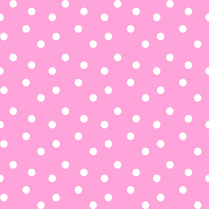 White polka dots on a pink background create a simple, repetitive pattern.