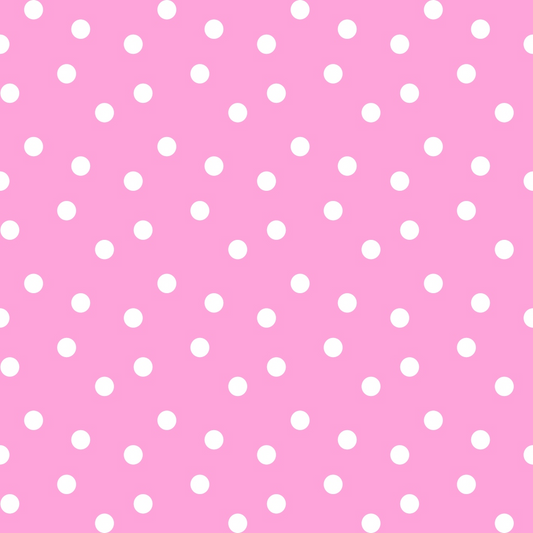 White polka dots on a pink background create a simple, repetitive pattern.