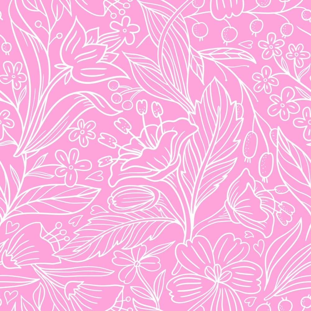 pink, white, floral pattern, botanical design, leaves, flowers, berries, breast cancer awareness, quilting cotton, fabric panel, delicate linework, outline style, monochromatic, feminine, soft pattern, nature motifs, seamless repeat, crafting fabric, medical awareness, support ribbon