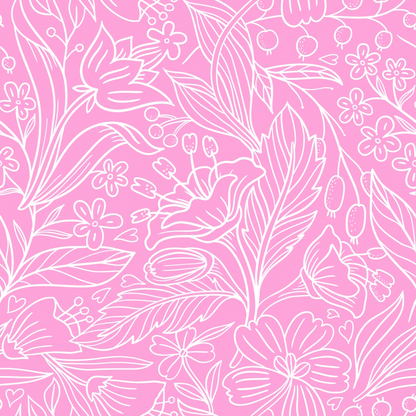 pink, white, floral pattern, botanical design, leaves, flowers, berries, breast cancer awareness, quilting cotton, fabric panel, delicate linework, outline style, monochromatic, feminine, soft pattern, nature motifs, seamless repeat, crafting fabric, medical awareness, support ribbon