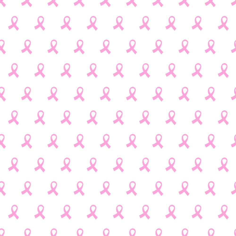 Pattern of pink ribbons on a white background, symbolizing breast cancer awareness.