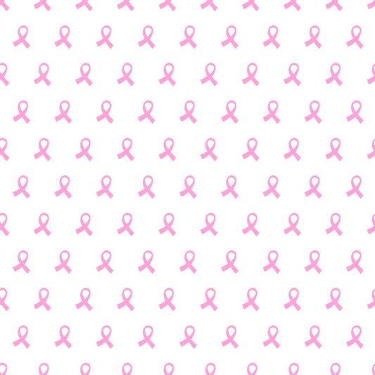 Pattern of pink ribbons on a white background, symbolizing breast cancer awareness.