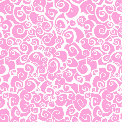 Abstract pattern of white swirls on a pink background, creating a continuous and repetitive design.