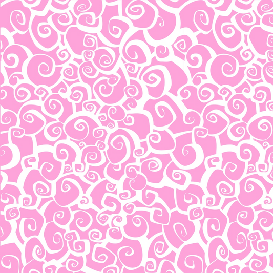 Abstract pattern of white swirls on a pink background, creating a continuous and repetitive design.