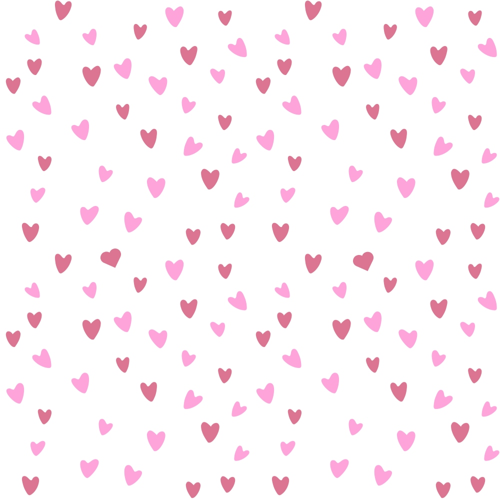 Pattern of scattered pink and red hearts on a white background.