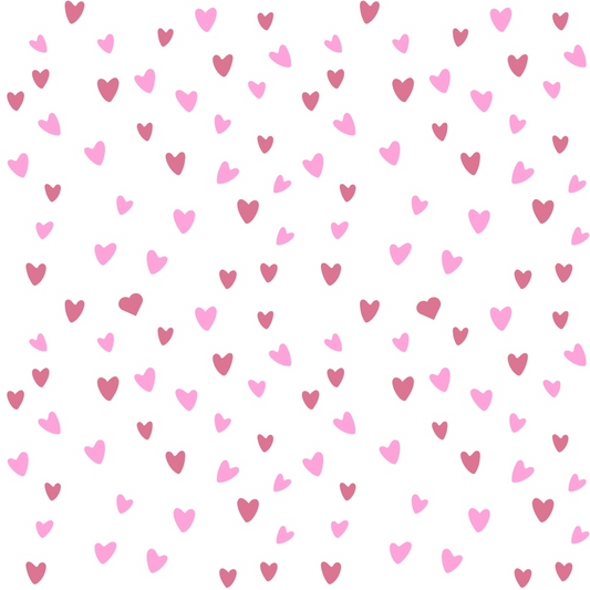 Pattern of scattered pink and red hearts on a white background.