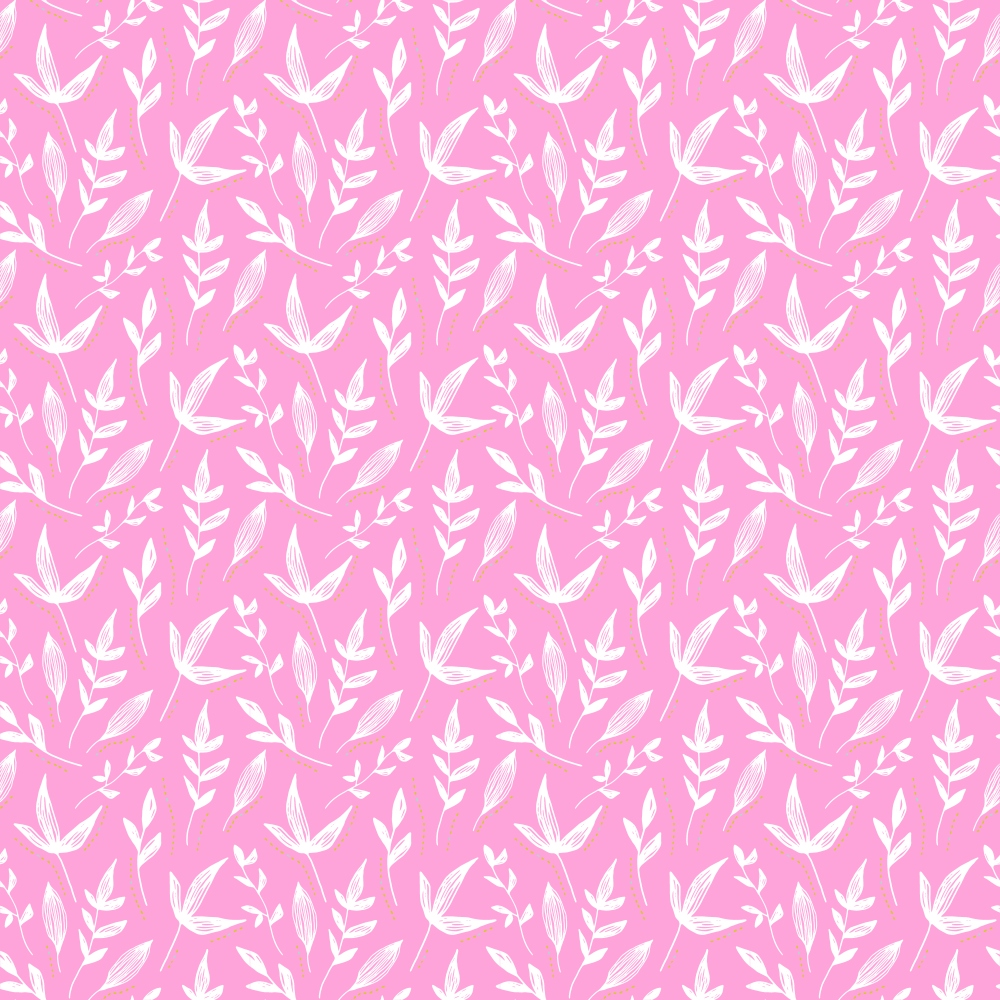 Pink background with a repeating pattern of white, stylized floral designs featuring leaves and blossoms.