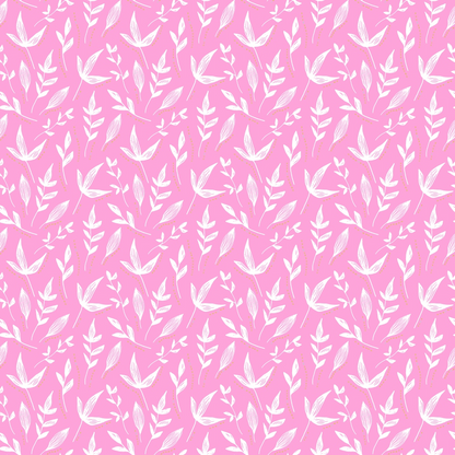 Pink background with a repeating pattern of white, stylized floral designs featuring leaves and blossoms.