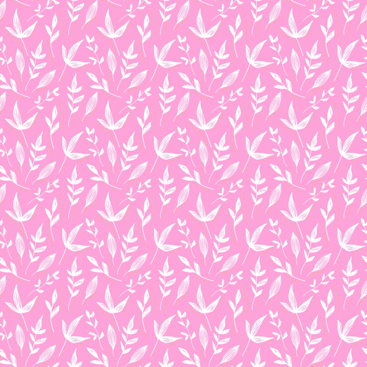 Pink background with a repeating pattern of white, stylized floral designs featuring leaves and blossoms.