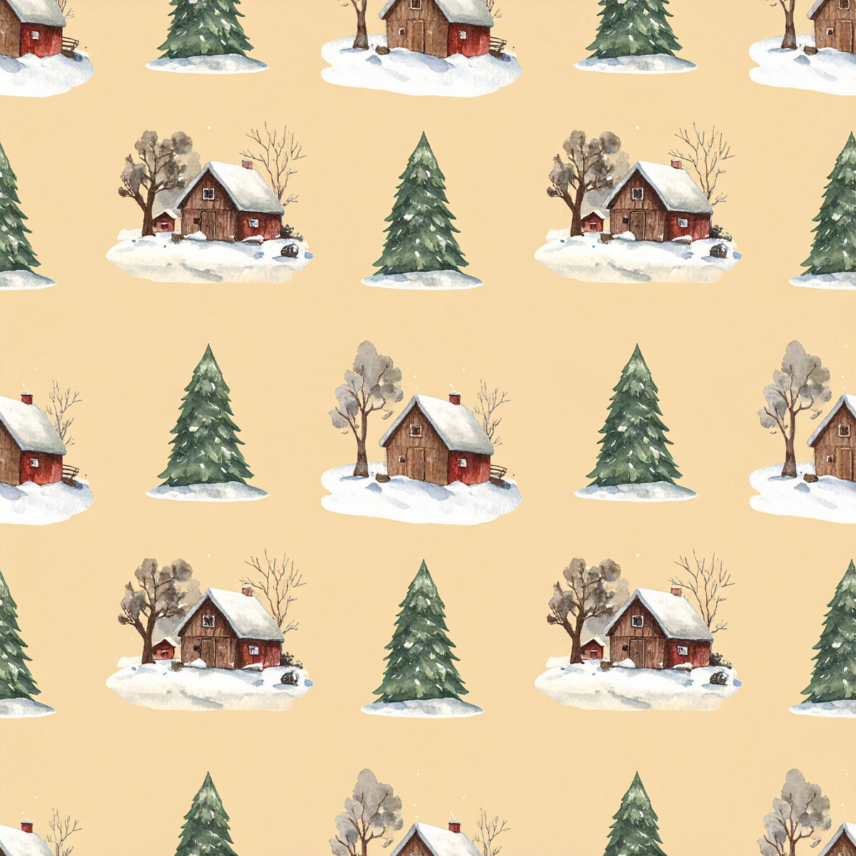 Brown Green Rustic Winter Pattern 10 Quilting Cotton Fabric
