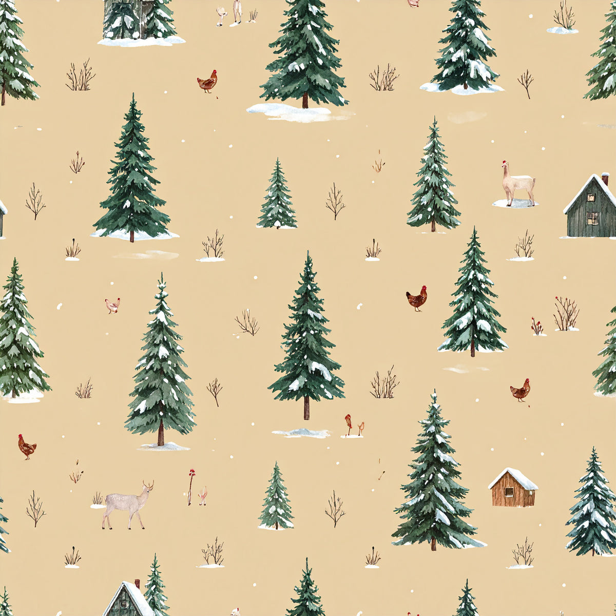 Brown Green Rustic Winter Pattern 24 Quilting Cotton Fabric