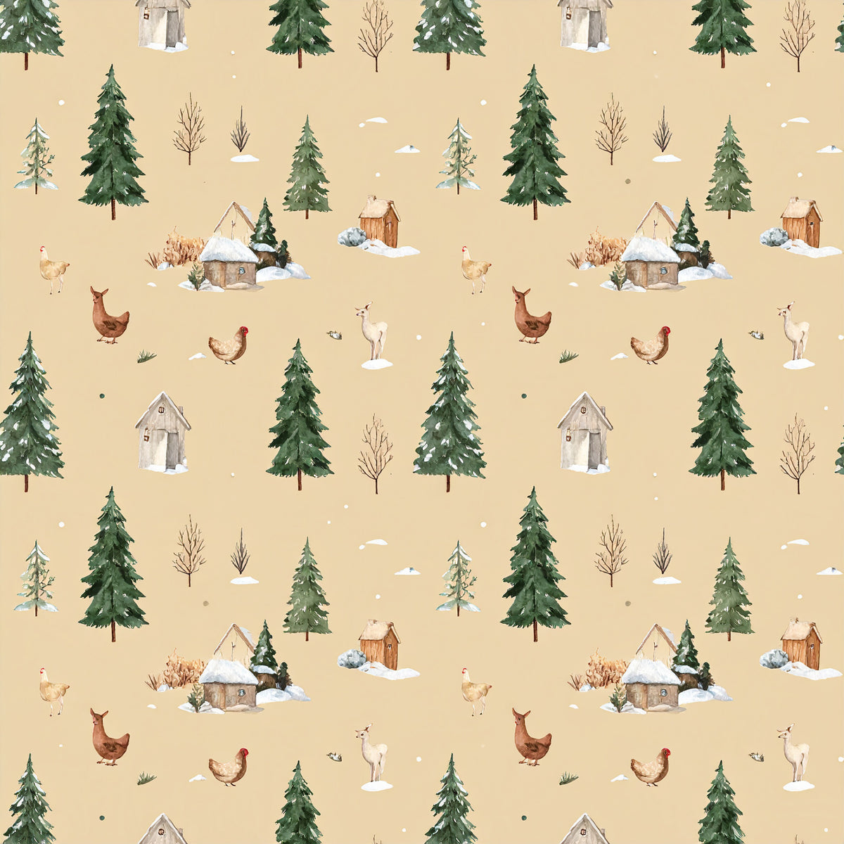 Brown Green Rustic Winter Pattern 25 Quilting Cotton Fabric