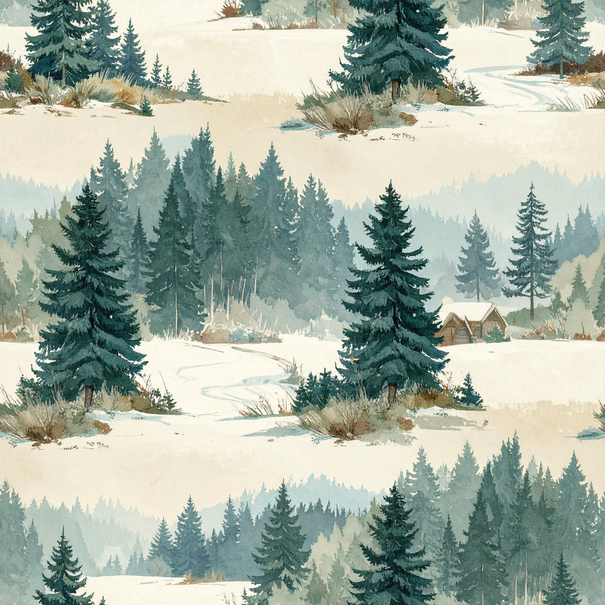 Brown Green Rustic Winter Pattern 26 Quilting Cotton Fabric