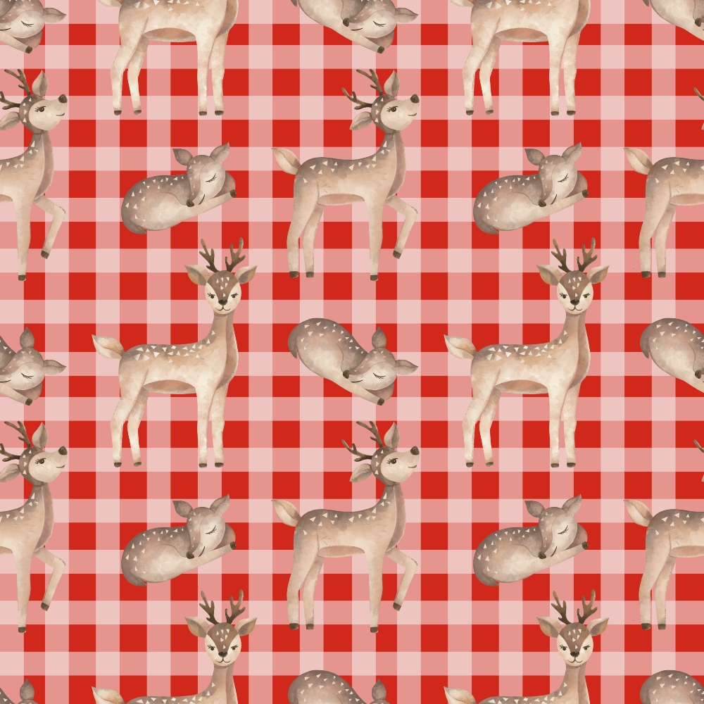 Pattern of reindeer and fawns on a red and white checkered background.