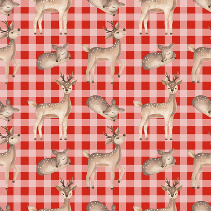 Pattern of reindeer and fawns on a red and white checkered background.