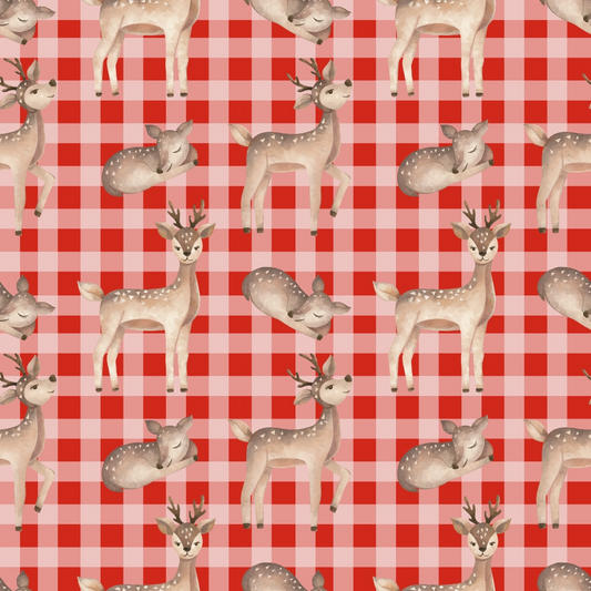 Pattern of reindeer and fawns on a red and white checkered background.