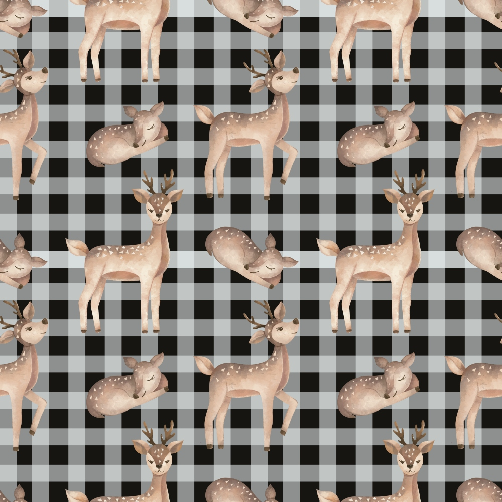 Pattern of illustrated deer on a black and white checkered background. Some deer are standing, and others are lying down.