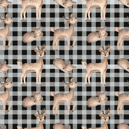 Pattern of illustrated deer on a black and white checkered background. Some deer are standing, and others are lying down.