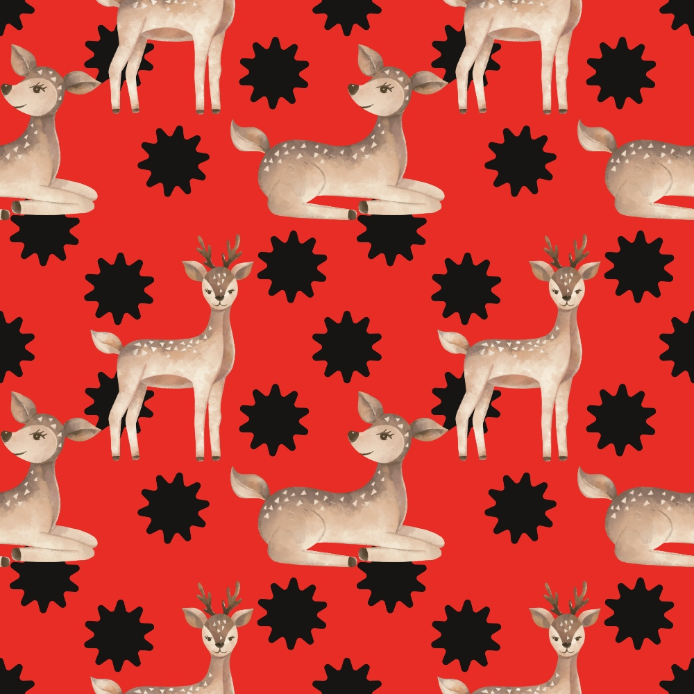 Pattern of illustrated deer and black star shapes on a red background.