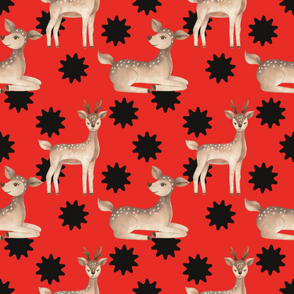 Pattern of illustrated deer and black star shapes on a red background.