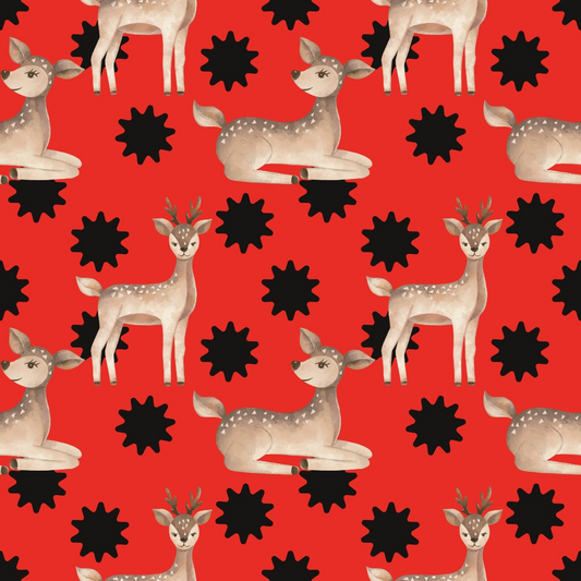 Pattern of illustrated deer and black star shapes on a red background.