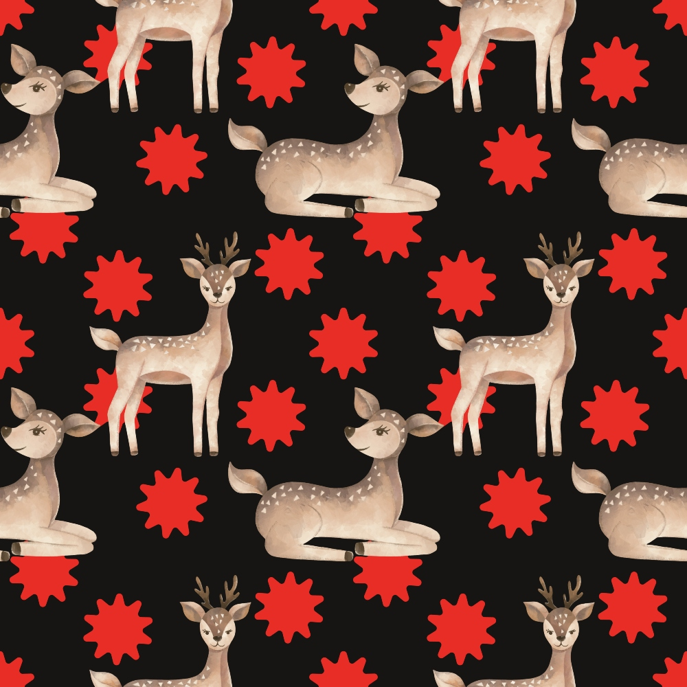 Pattern with cartoon deer and red star shapes on a black background.