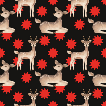 Pattern with cartoon deer and red star shapes on a black background.