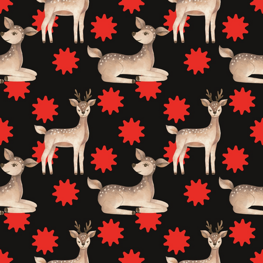 Pattern with cartoon deer and red star shapes on a black background.