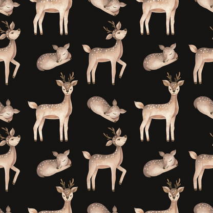 Pattern of illustrated deer and fawns on a black background, with some standing and some lying down.