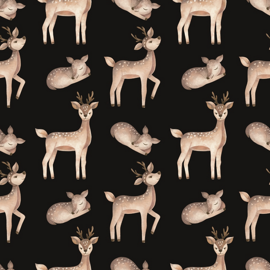 Pattern of illustrated deer and fawns on a black background, with some standing and some lying down.