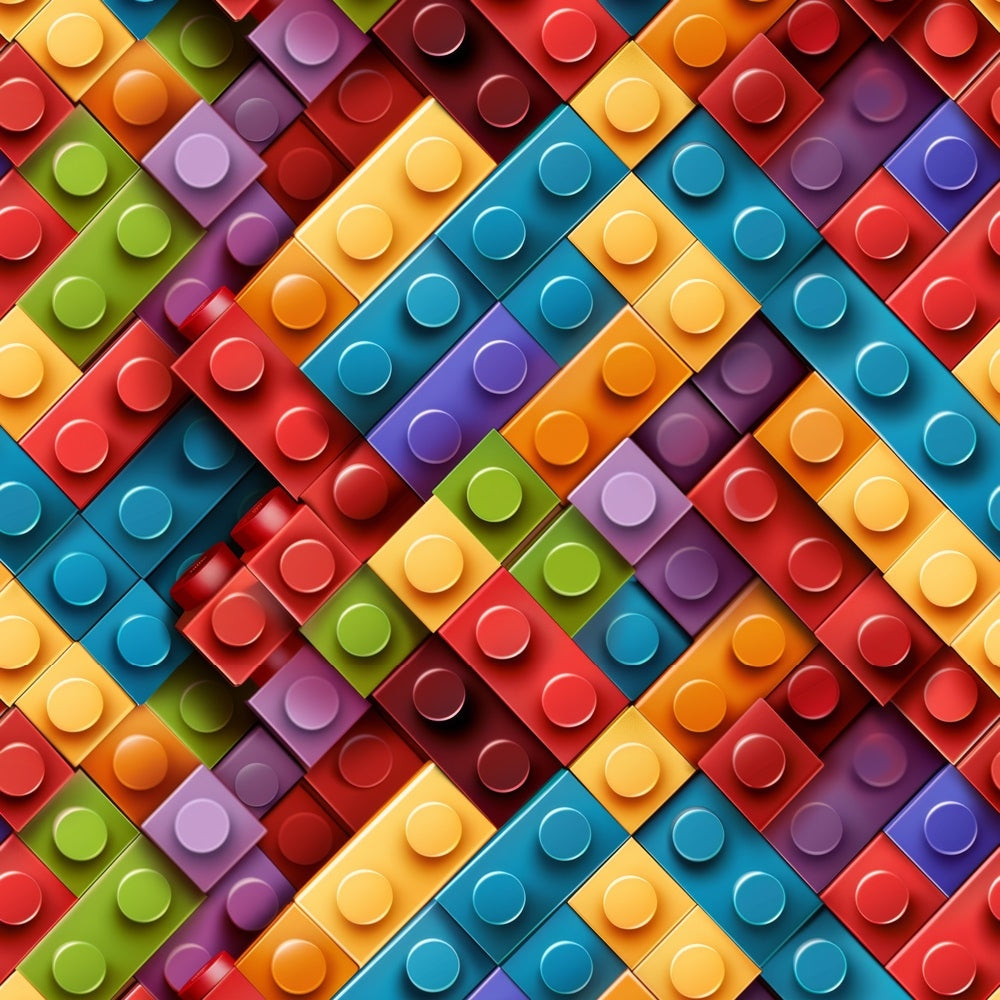 A colorful, interlocking pattern of toy building bricks in various colors, including red, blue, green, yellow, and purple, arranged diagonally.