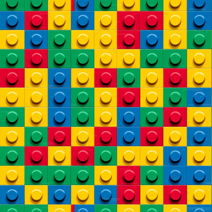 Close-up view of a grid of colorful interlocking plastic bricks in red, yellow, green, and blue.