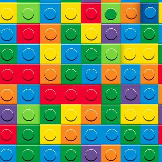 Colorful interlocking toy bricks arranged in a grid pattern, featuring red, yellow, blue, green, orange, and purple bricks.