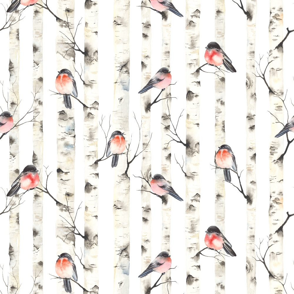 Illustration of birds with red and grey plumage perched on birch tree branches, against a vertical striped birch bark background.